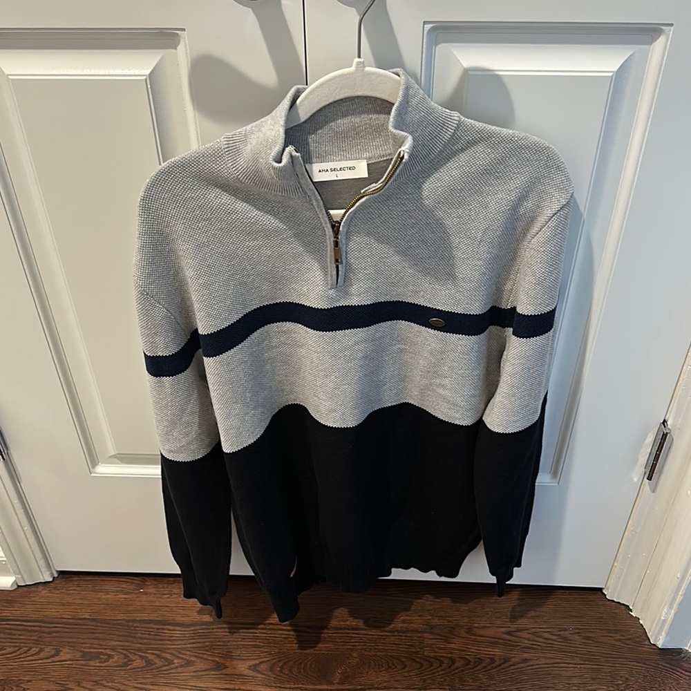 Men's Gray and Blue Half-Zip Sweater large